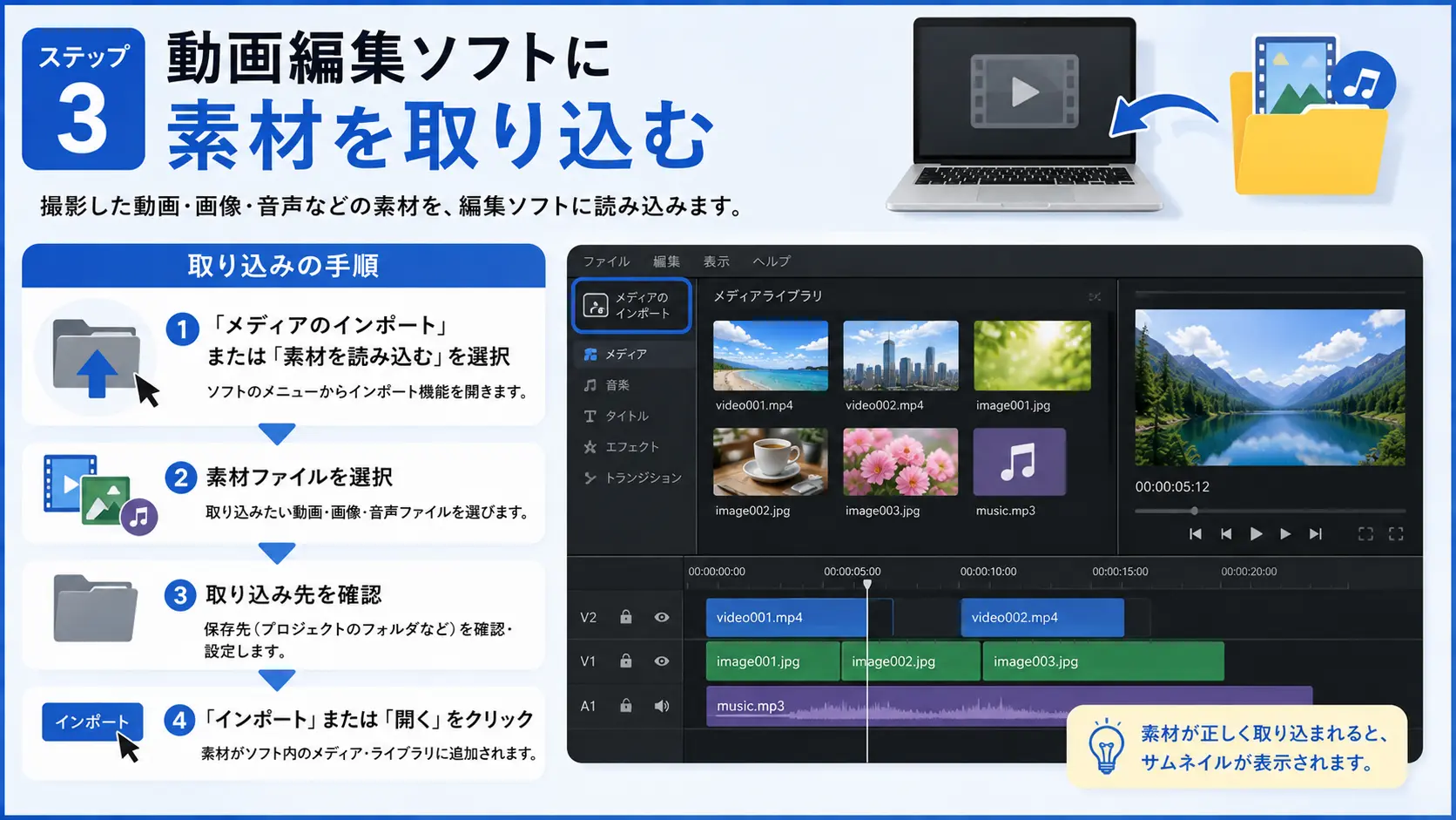 動画編集ソフトに素材を取り込む