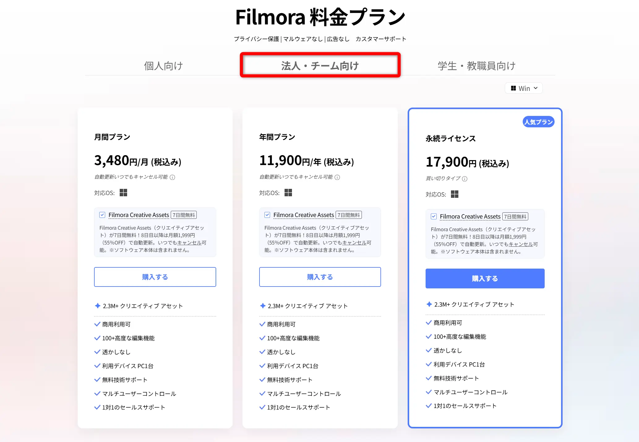 Filmoraの法人プラン