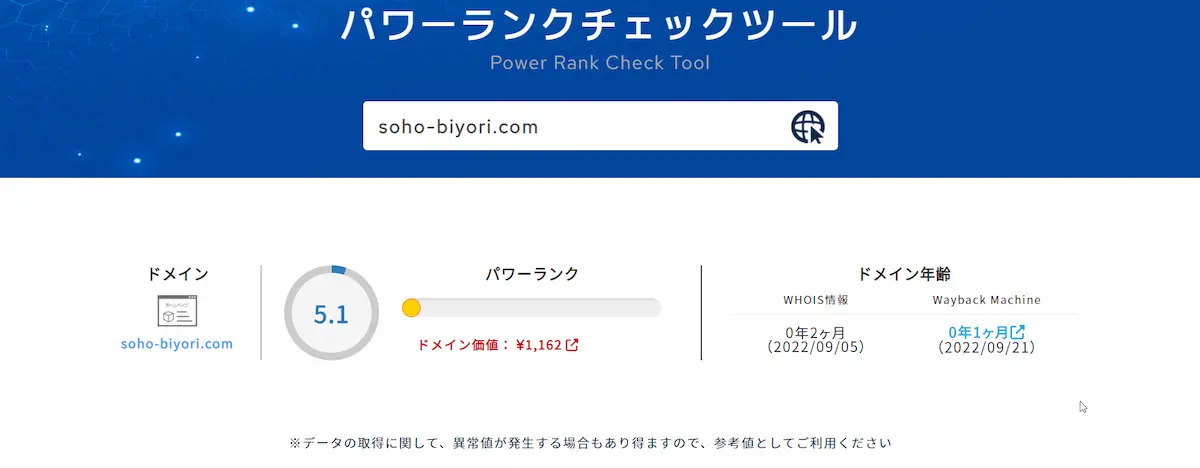 パワーランクチェックツールの結果