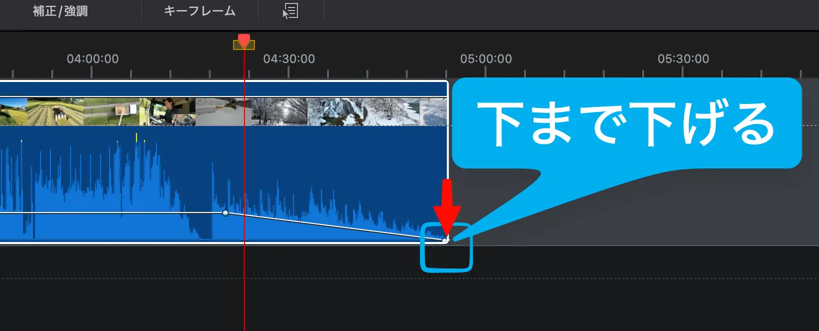 PowerDirectorのキーフレームを下げる