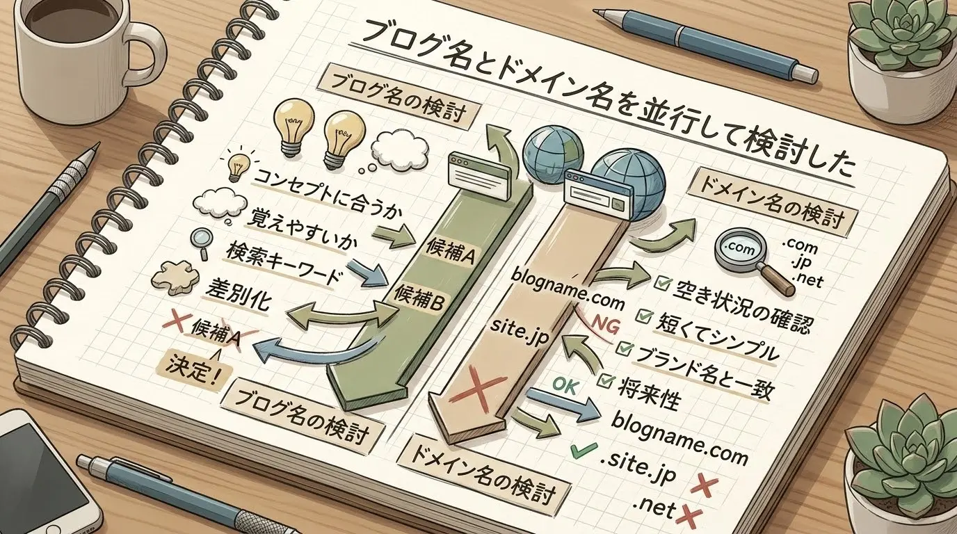 ブログ名とドメイン名を並行して検討した