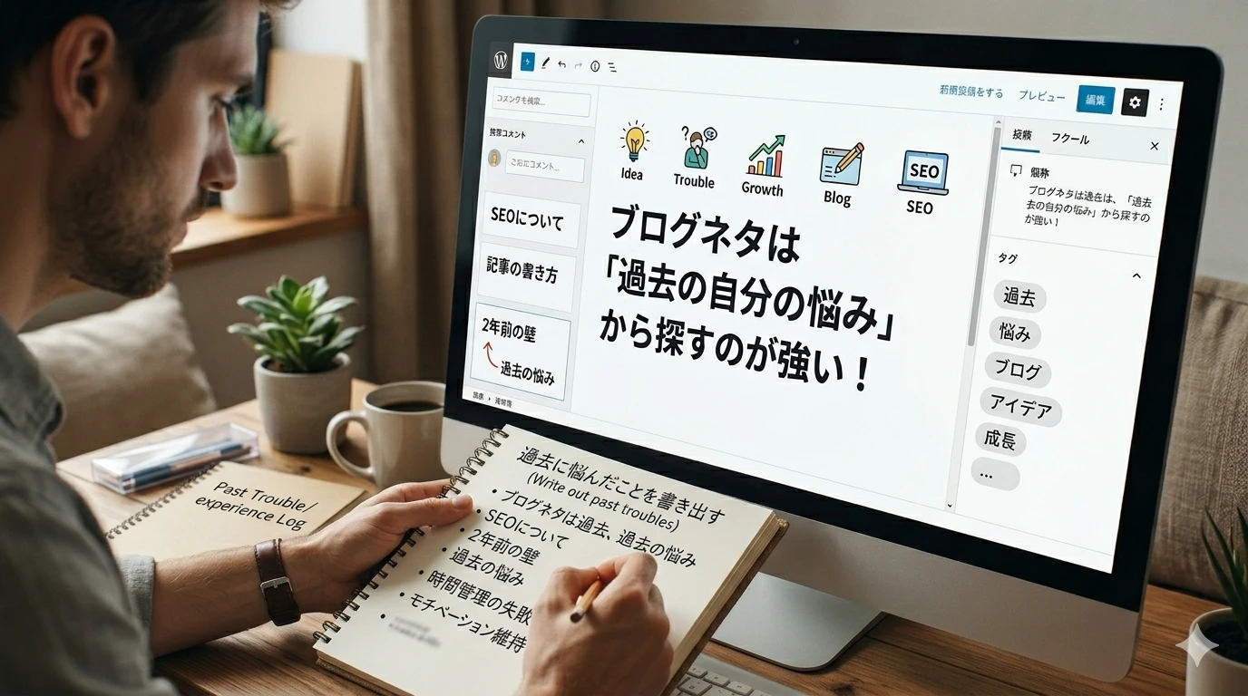 ノートに自分の過去を書き出す男性