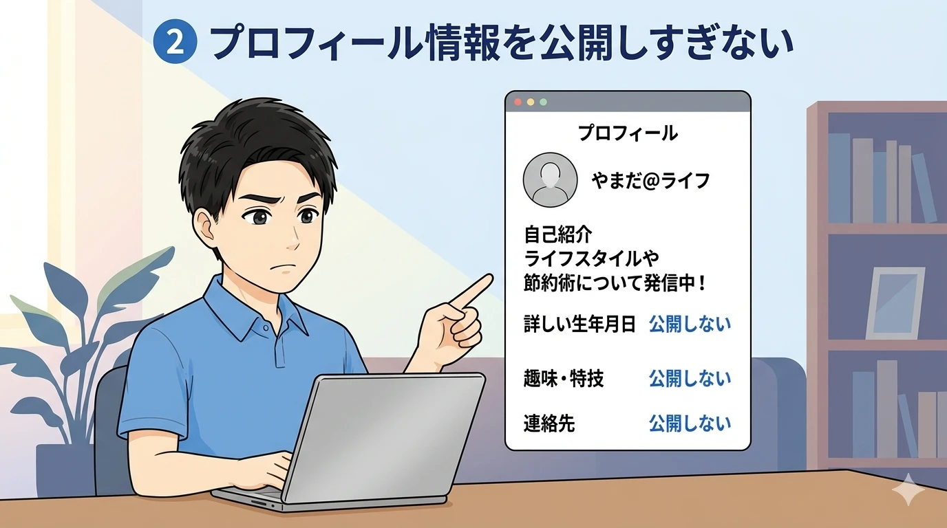 身バレ防止のためにプロフィールを厳選するおか君