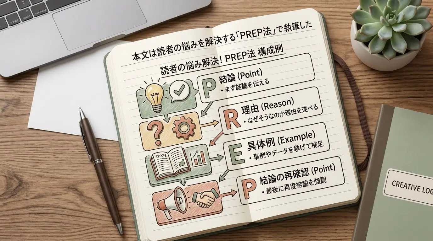本文は読者の悩みを解決する「PREP法」で執筆した