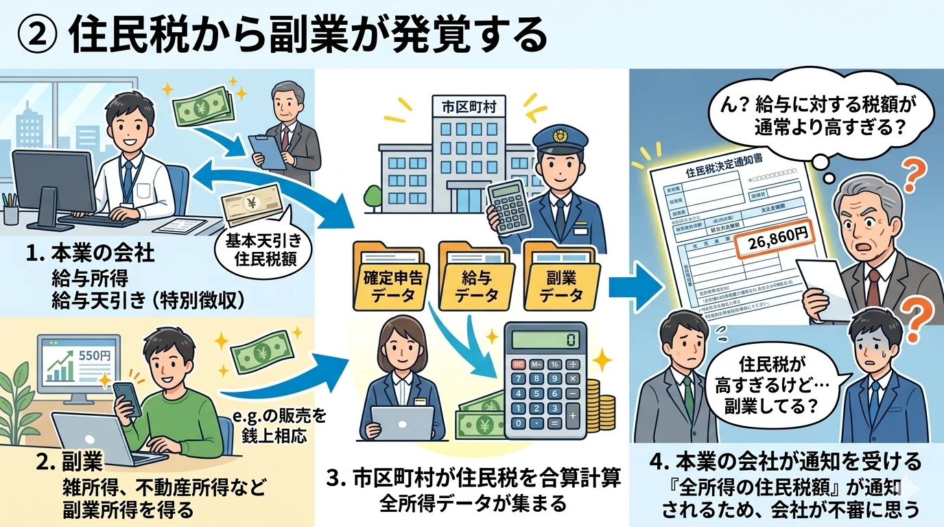 住民税から副業が発覚する流れを説明したイラスト
