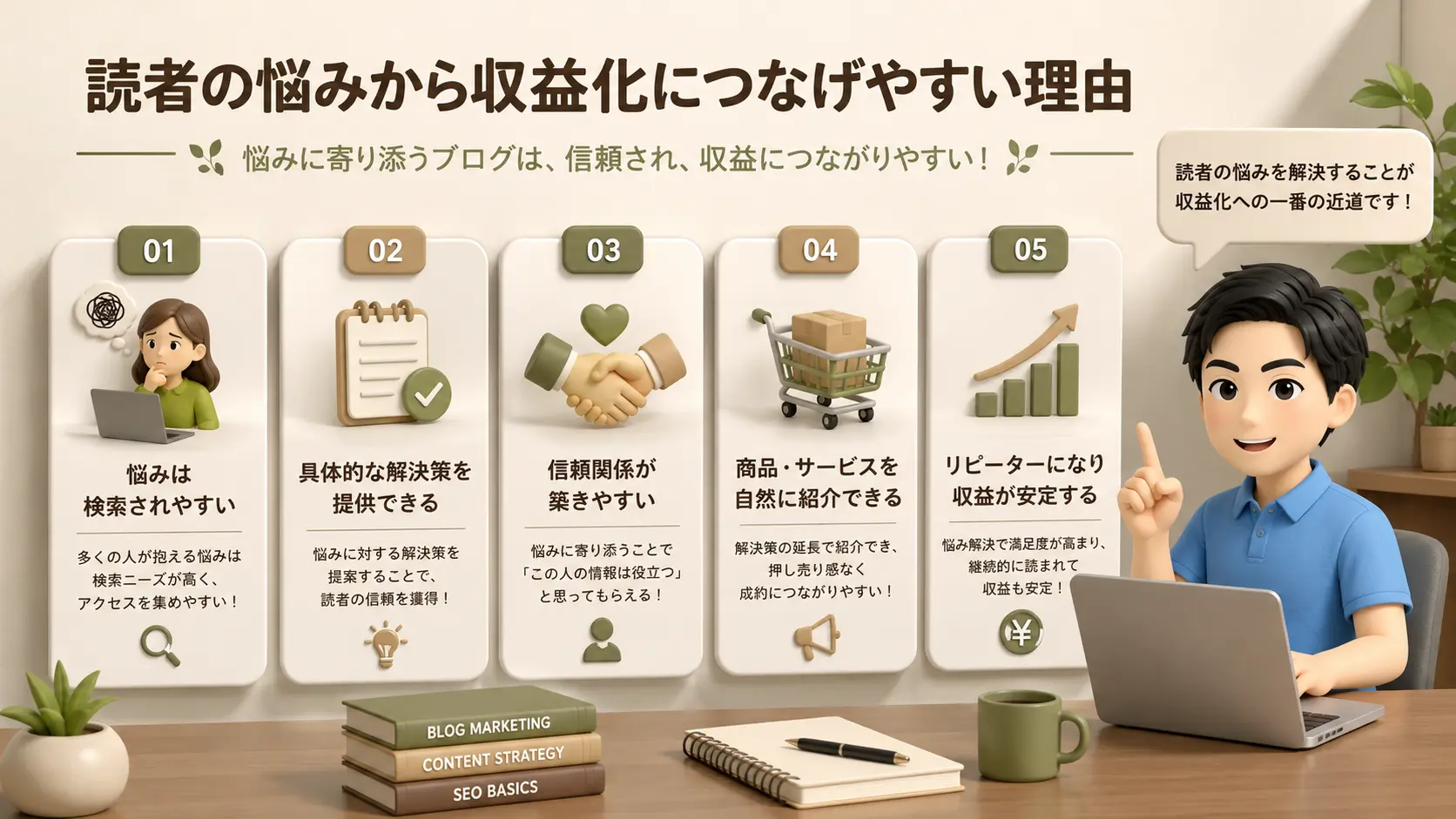 読者の悩みから収益化につなげやすいから