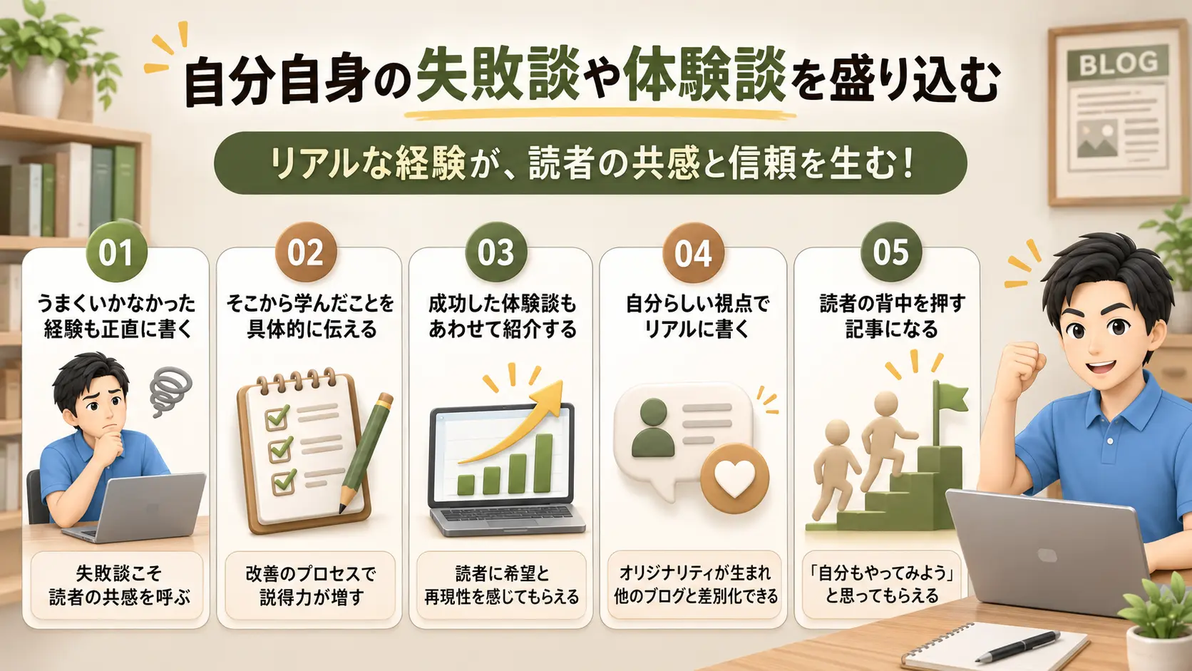 自分自身の失敗談や体験談を盛り込む