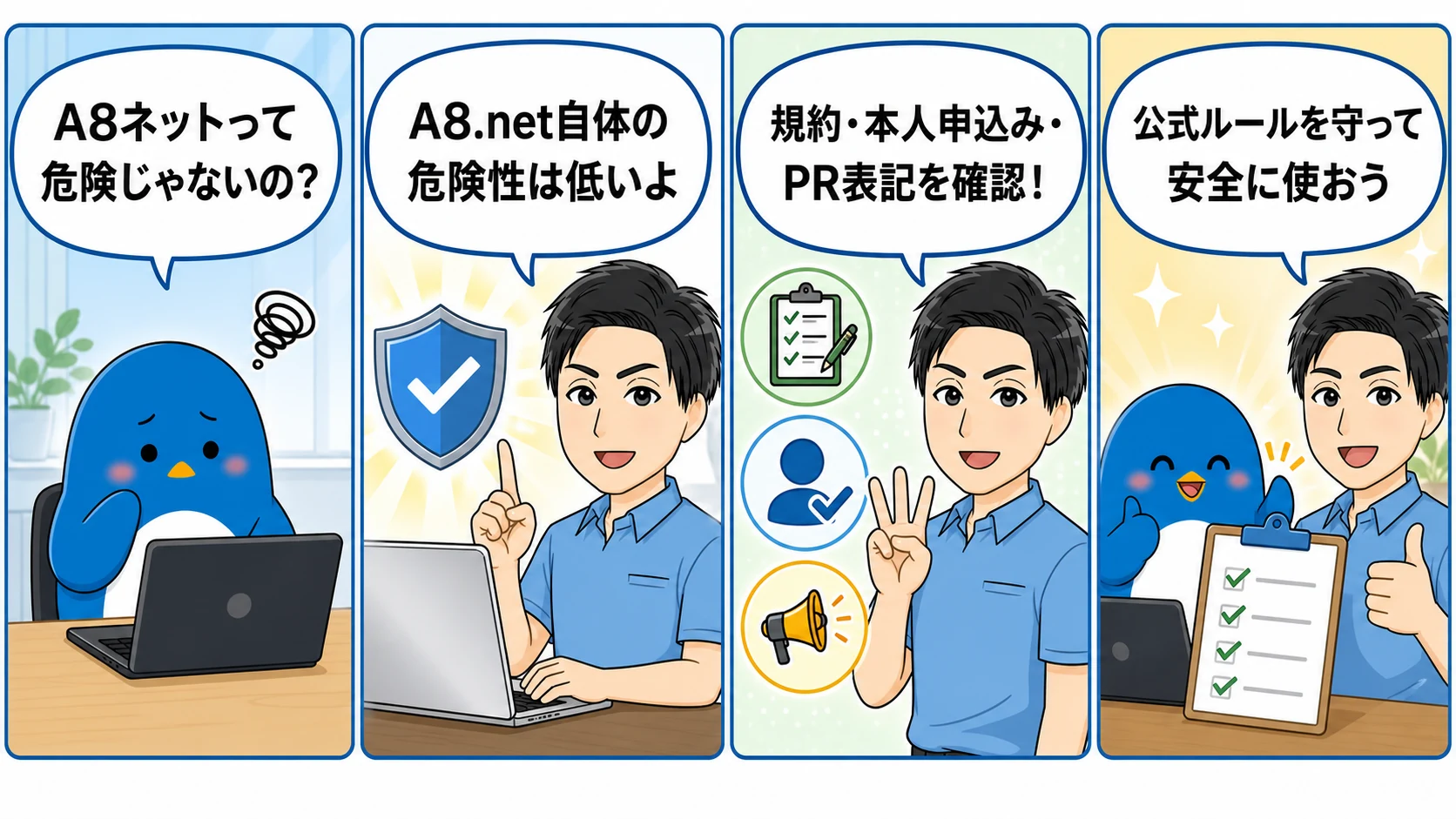 A8ネットの危険性と安全な利用方法を解説する4コマ漫画