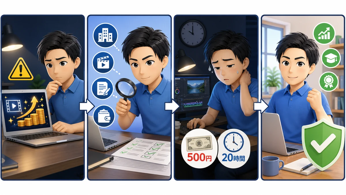 動画編集の怪しい未経験求人を見分ける流れをまとめた4コマ漫画