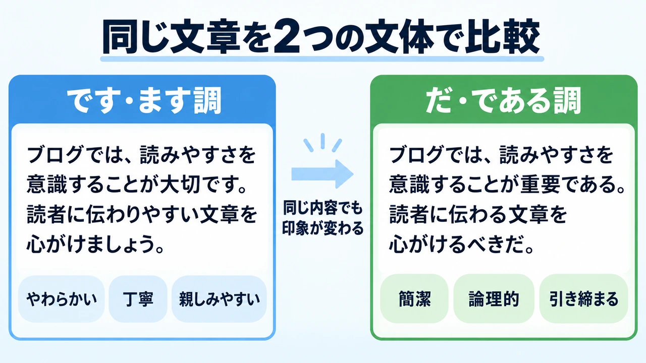 同じ文章をです・ます調とだ・である調で比較した図解
