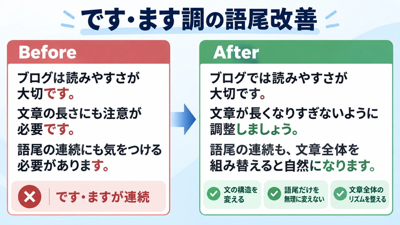 です・ます調の語尾の連続を文章全体の組み替えで改善する図解