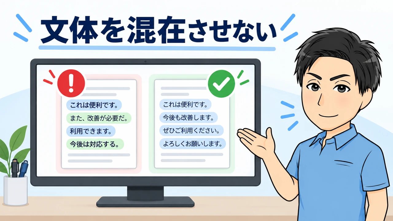 です・ます調とだ・である調は同じ本文内で混在させない